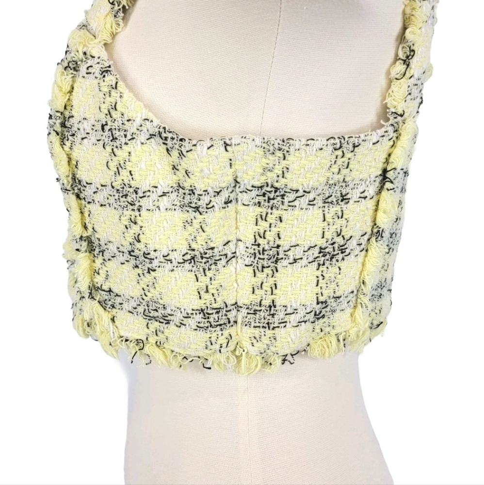 Y2K Zara Womens Crop Top Size L Yellow Black Plaid Frayed Preppy Popstar Bratz - Picture 9 of 14